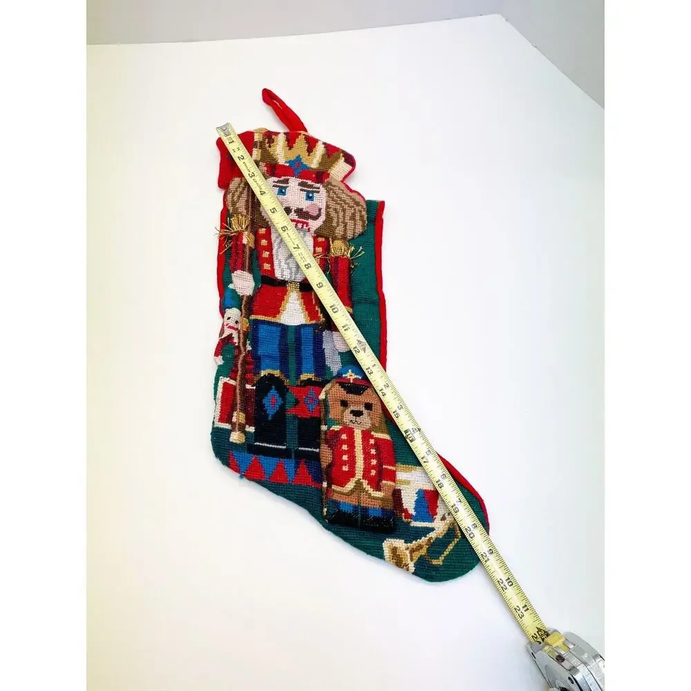 Vintage Needlepoint Wool Christmas Stocking Nutcracker Teddy Bear 3D